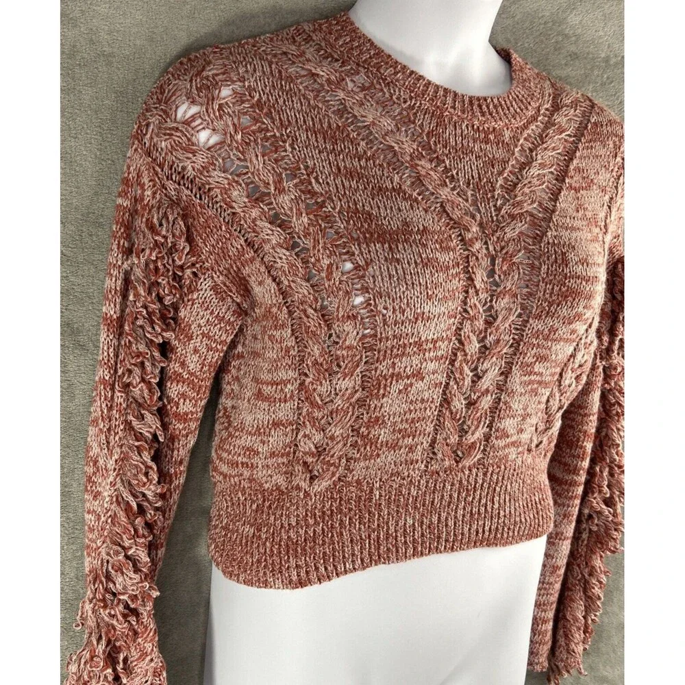 Wildfox Small Warren Sweater Pink Red Pullover Cable Knit‎ Fringe Sleeve Sample